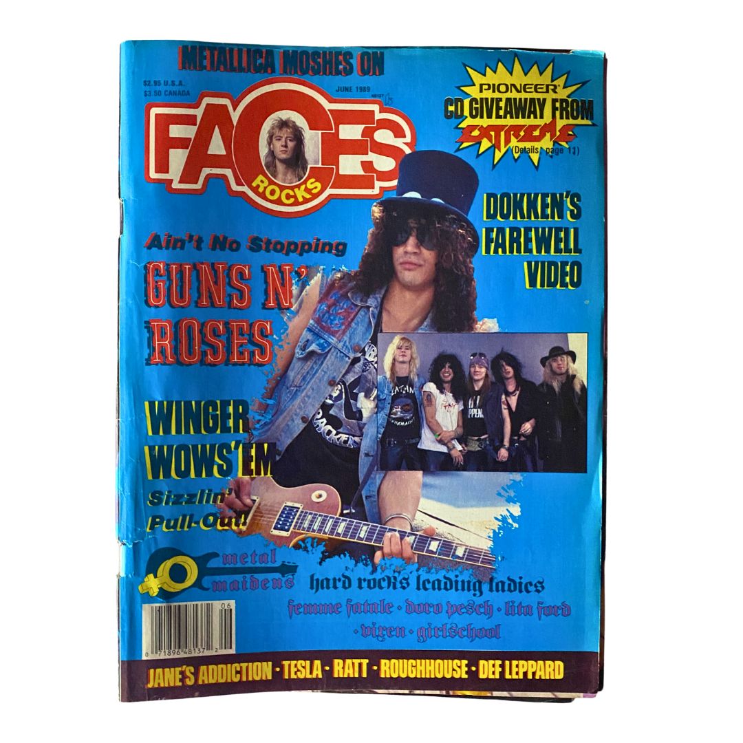 Cover of VTG Faces Rocks Magazine June 1989 featuring Guns N' Roses and Winger, showcasing vibrant cover art with iconic rock imagery.