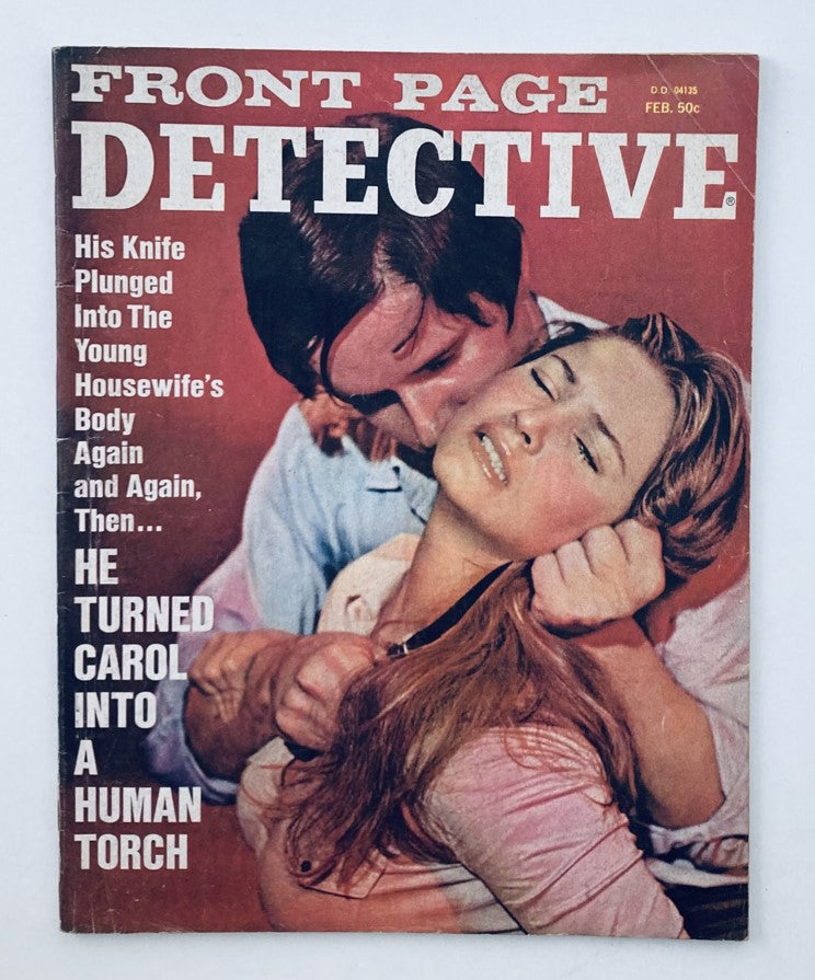 Front Page Detective Magazine from February 1972, featuring the gripping cover story 'Death Drops in for Beer'. The cover depicts a dramatic scene involving a man and a woman, showcasing the magazine's vintage crime and detective theme.