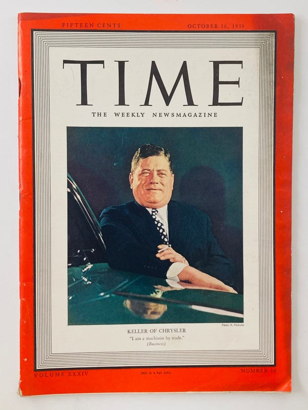 VTG Time Magazine October 16 1939 Vol 34 No. 16 Kaufman T. Keller of Chrysler