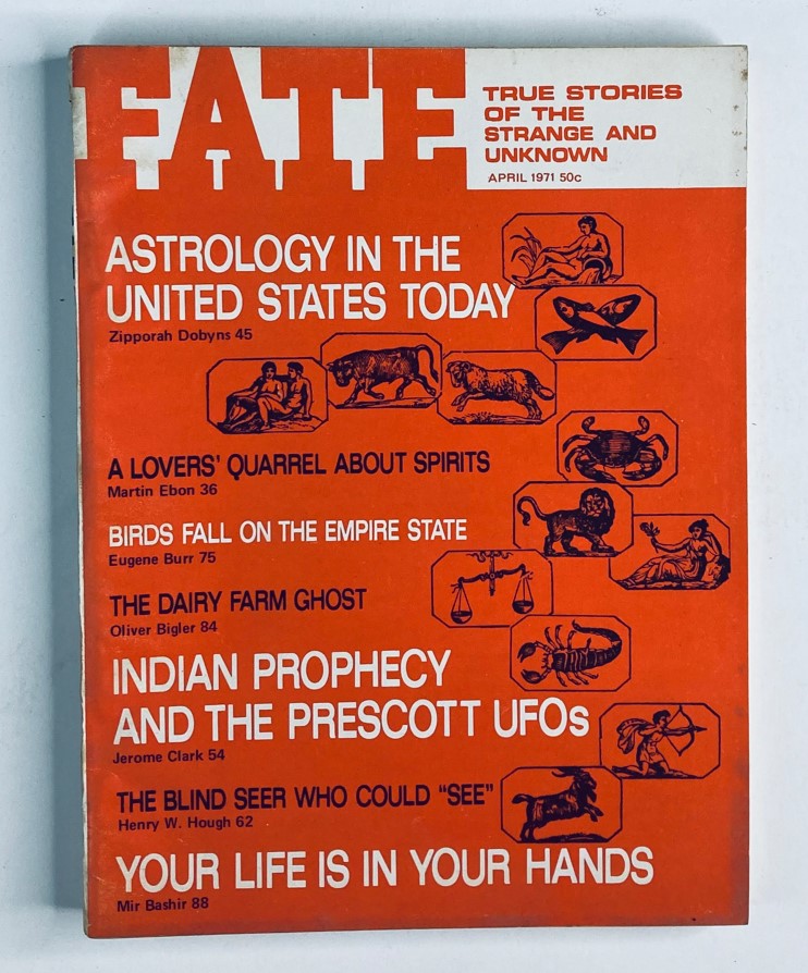 Cover of VTG Fate Magazine April 1971 Vol 24 No. 4 featuring The Dairy Farm Ghost, with articles on astrology, paranormal stories, and UFOs.