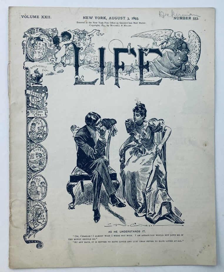 VTG Life Magazine August 3 1893 Vol 22 No. 553 As He Understands It No Label