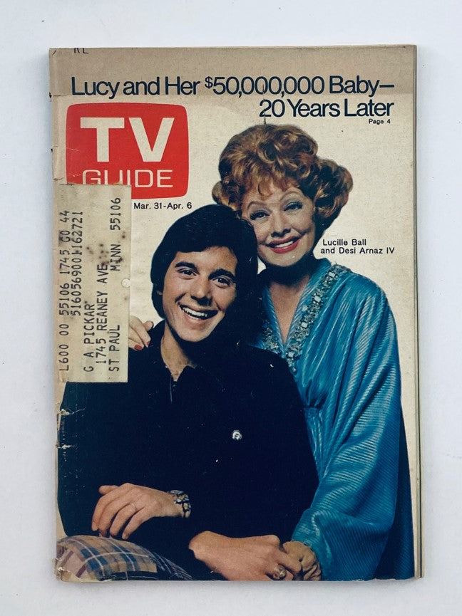 TV Guide Magazine from March 31, 1973, featuring Lucille Ball and Desi Arnaz IV on the cover, celebrating the 20th anniversary of their show 'I Love Lucy'. The magazine points to the nostalgia of classic television.