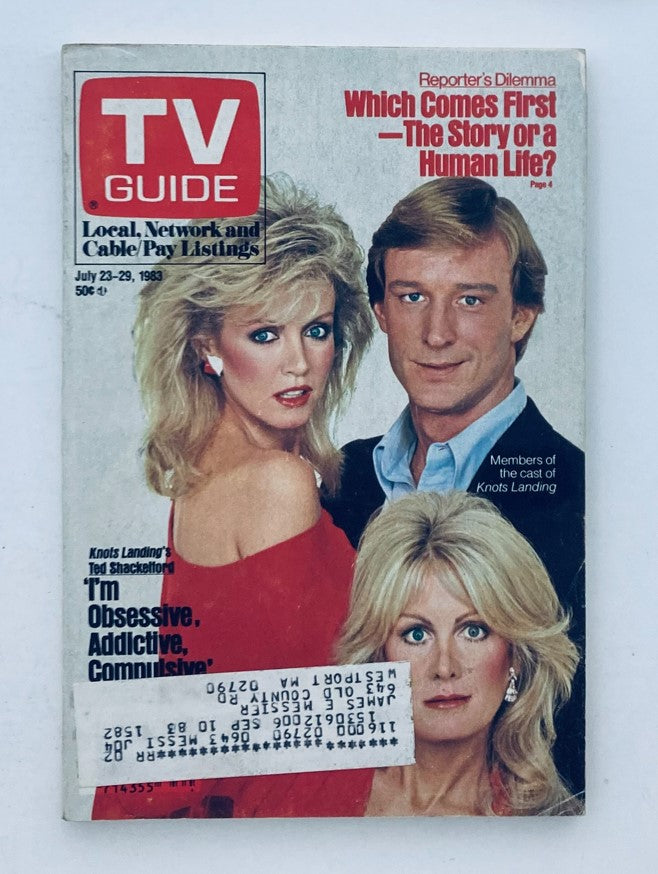 TV Guide Magazine July 23 1983 featuring the cast of Knots Landing on the cover, showcasing three actors with prominent hairstyles, discussing the themes 'Which Comes First - The Story or a Human Life?'. This magazine is in pristine condition for its age, making it a valuable piece for collectors.