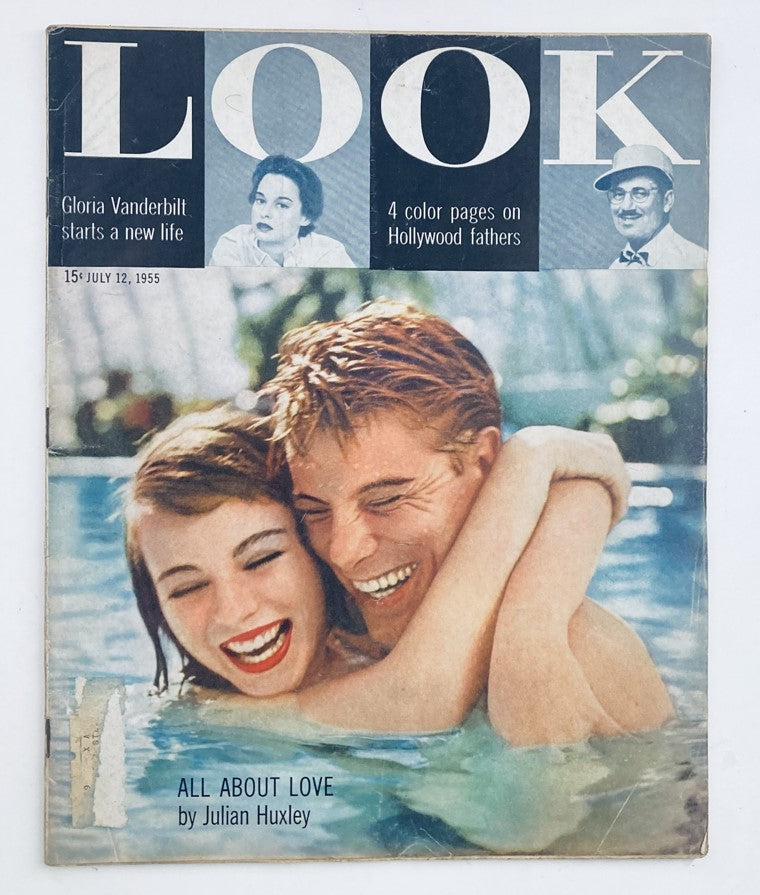 Cover of VTG Look Magazine July 12 1955 Vol 19 No. 14 featuring Gloria Vanderbilt and a couple enjoying time in a pool, highlighting glamour and mid-century American culture.
