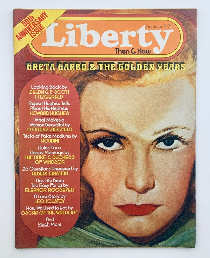 Cover of VTG Liberty Then & Now Magazine Summer 1974, featuring Greta Garbo and highlighted articles including reflections from notable figures such as F. Scott Fitzgerald and Eleanor Roosevelt.