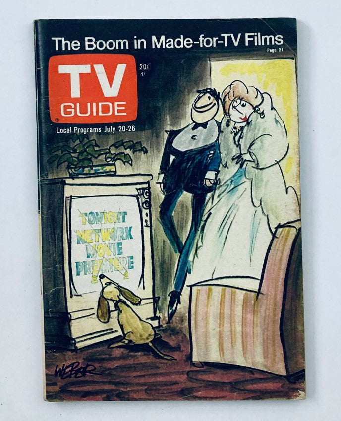 TV Guide Magazine July 20 1974 #1112 featuring an illustration about the boom in made-for-TV films, depicting a couple and a dog in a living room setting with a TV announcing a network movie premiere.