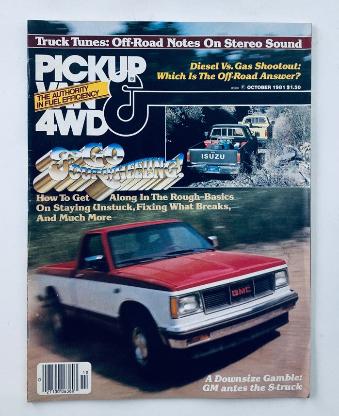 Cover of VTG Pickup Van & 4WD Magazine October 1981 featuring a GMC truck and other vehicles outdoors, discussing off-road tips and a gas vs diesel shootout.