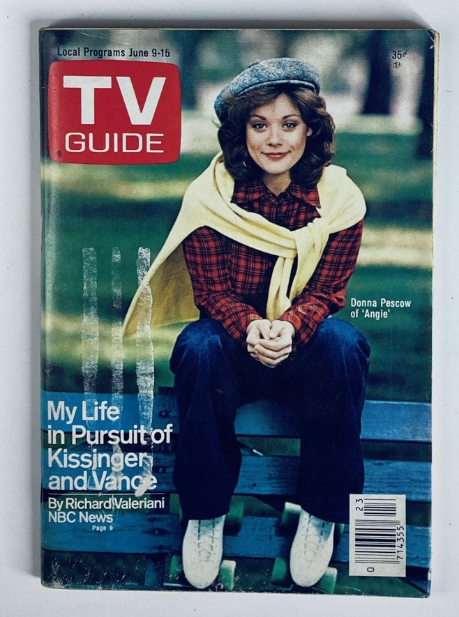 Cover of TV Guide Magazine June 9 1979 #1367 featuring Donna Pescow, showcasing her in casual attire with a hat and yellow scarf, sitting on a bench against a nature backdrop. This collectible magazine highlights vintage television history.