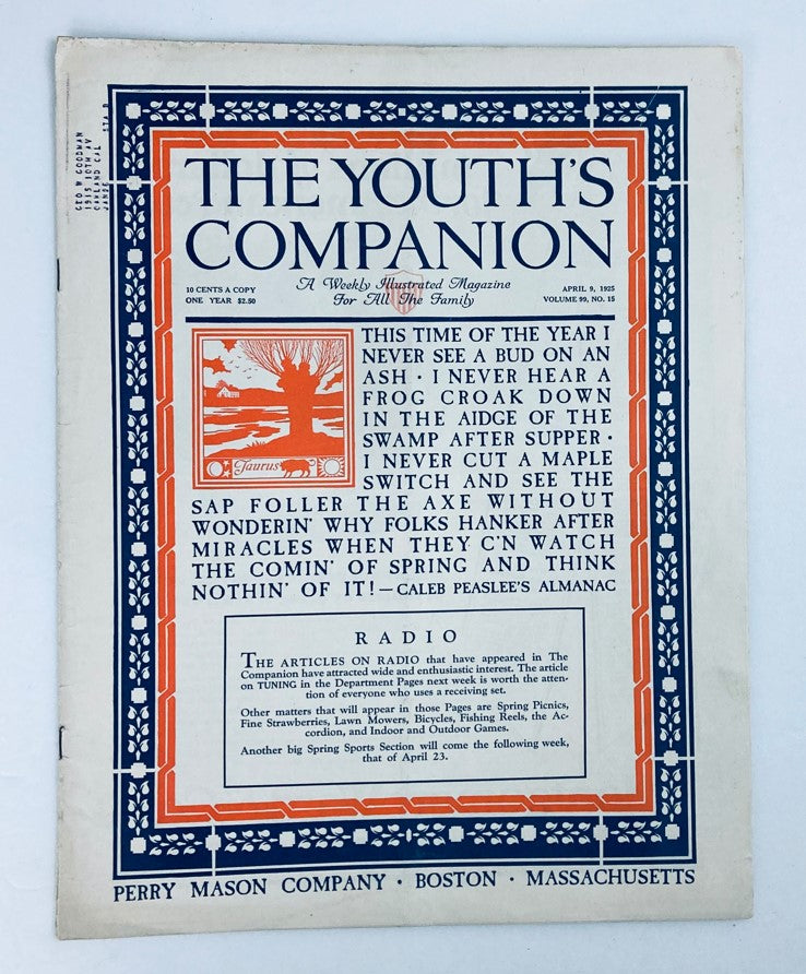 VTG The Youth's Companion Magazine April 9 1925 Vol 99 #15 The Articles On Radio