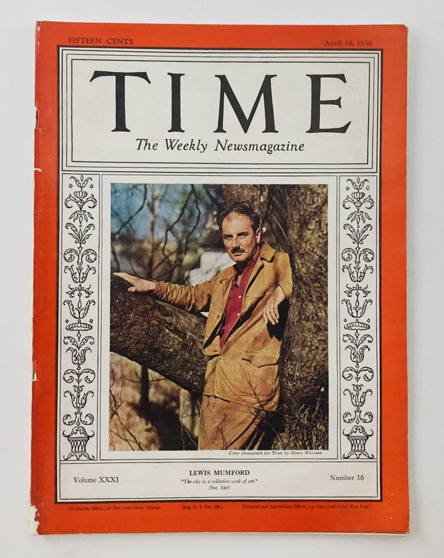 VTG Time Magazine April 18 1938 Vol 31 No. 16 Historian Lewis Mumford