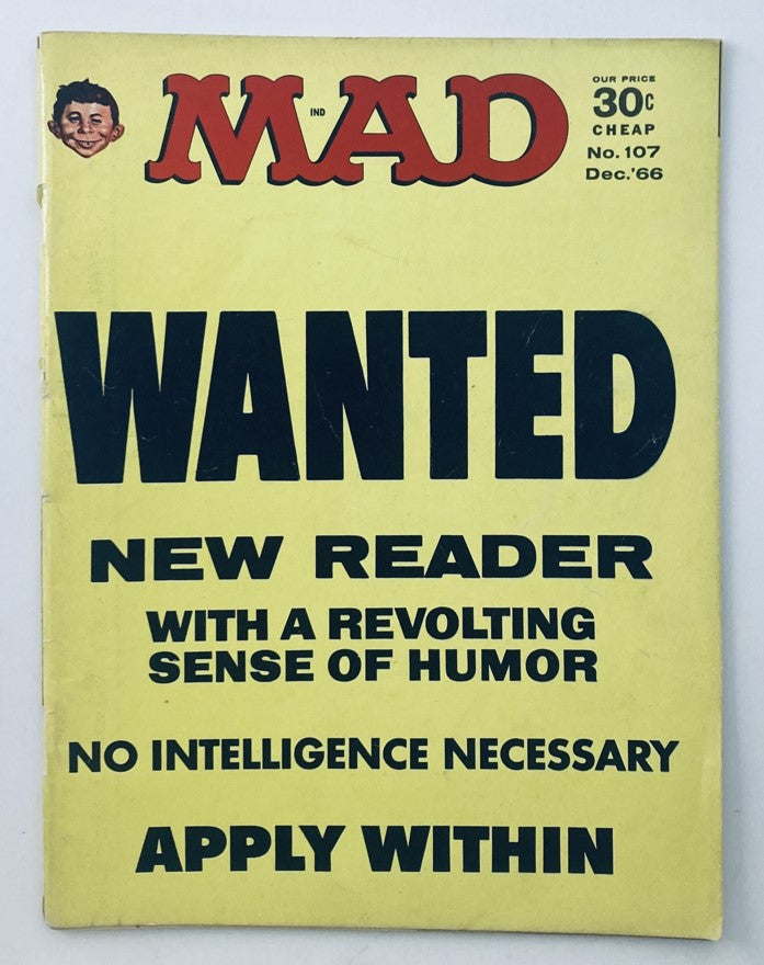 VTG Mad Magazine December 1966 No. 107 Wanted New Reader 4.0 VG No Label