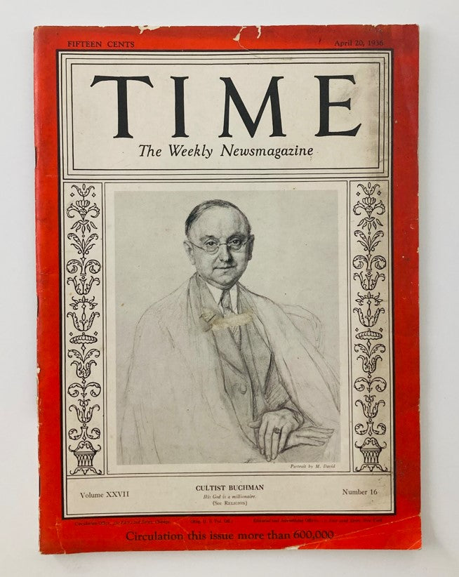 VTG Time Magazine April 20 1936 Vol 27 No. 16 Cultist Frank N.D. Buchman