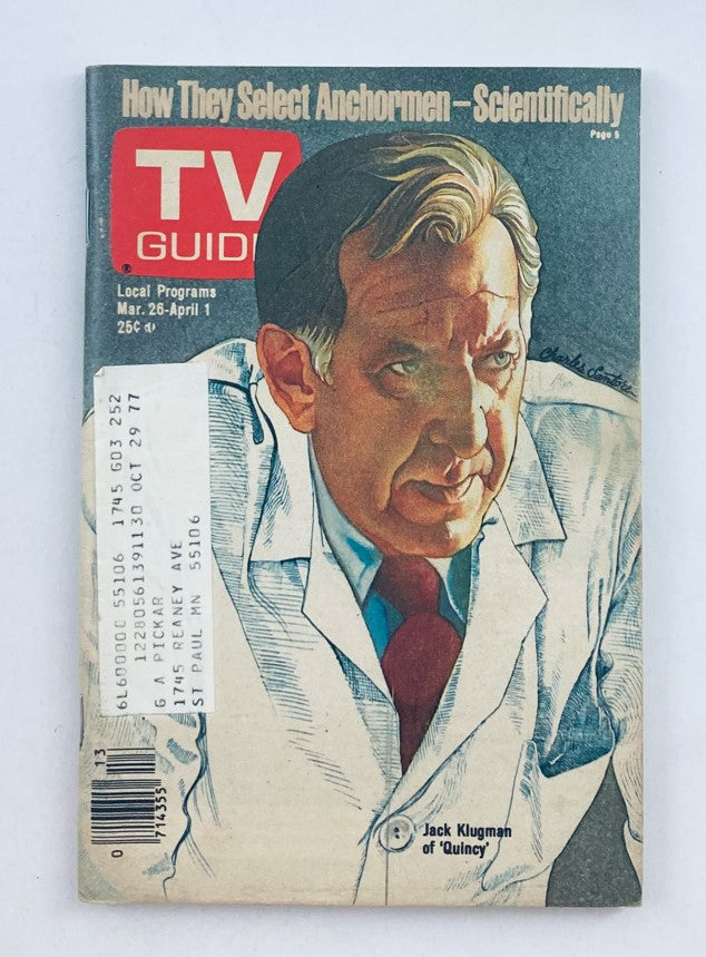 Cover of TV Guide Magazine March 26 1977 #1252 featuring Jack Klugman, highlighting the article 'How They Select Anchormen - Scientifically' with a prominent illustration.