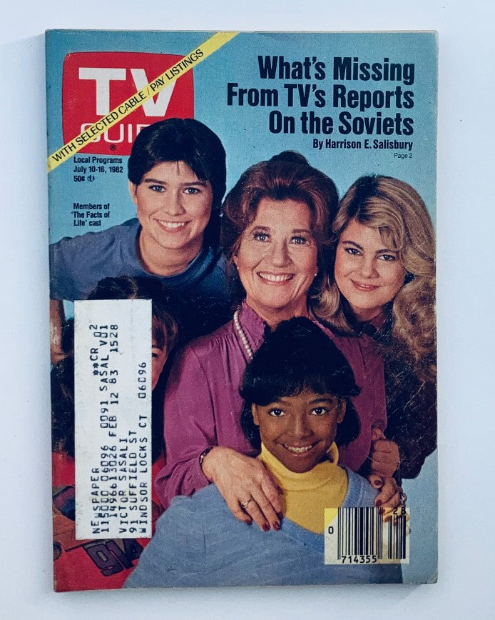 TV Guide Magazine July 10, 1982 featuring The Facts of Life cast on the cover. The magazine highlights an article titled 'What's Missing From TV's Reports On the Soviets' and showcases the iconic characters of the show.