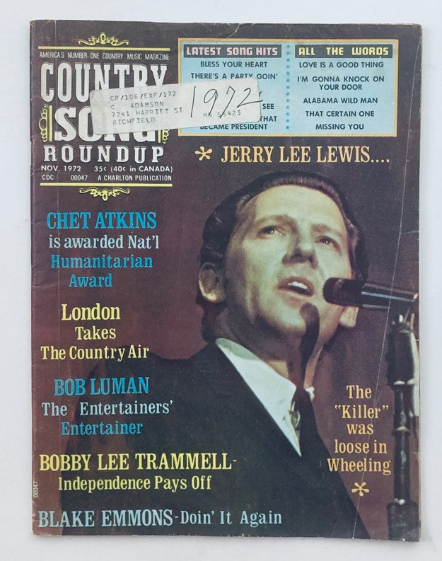 VTG Country Song Roundup Magazine November 1972 Jerry Lee Lewis