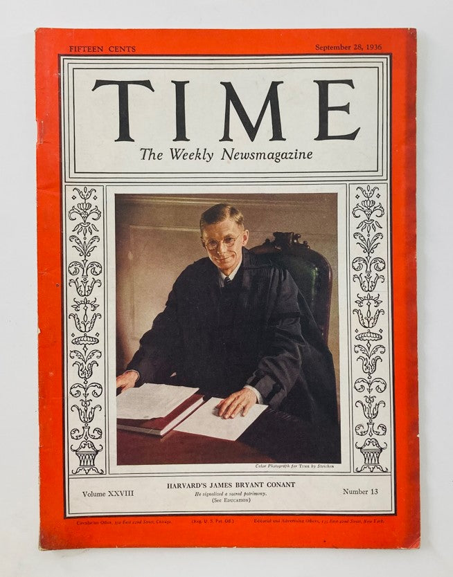 VTG Time Magazine September 28 1936 Vol 28 No. 13 Harvard's James Bryant Conant