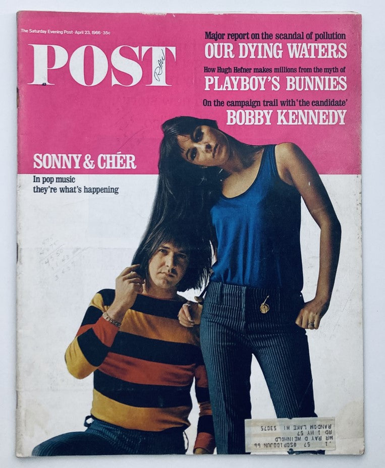 Cover of The Saturday Evening Post Magazine, April 23, 1966, featuring iconic pop music duo Sonny and Cher alongside political figure Bobby Kennedy, highlighting cultural nostalgia of the 1960s.