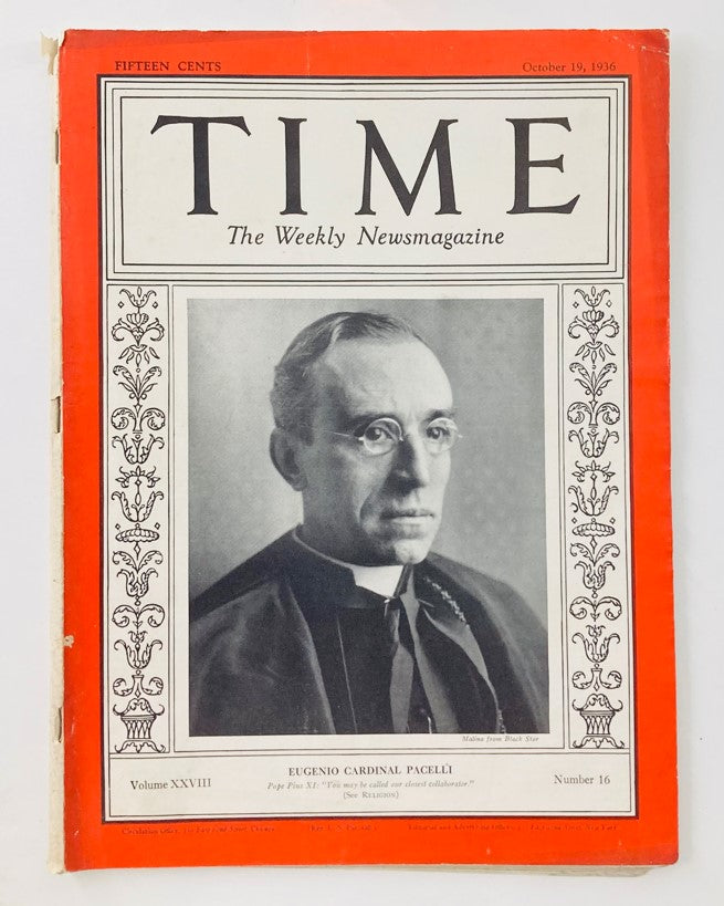 VTG Time Magazine October 19 1936 Vol 28 No. 16 Eugenio Cardinal Pacelli