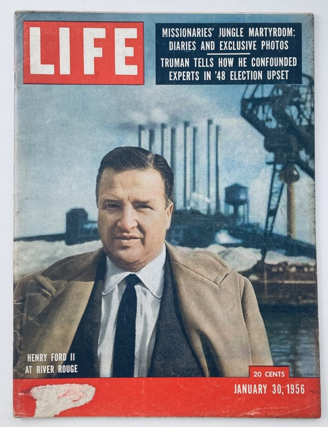 Cover photo of VTG Life Magazine January 30 1956 featuring Henry Ford II at River Rouge, highlighting notable articles and the magazine's vintage design.