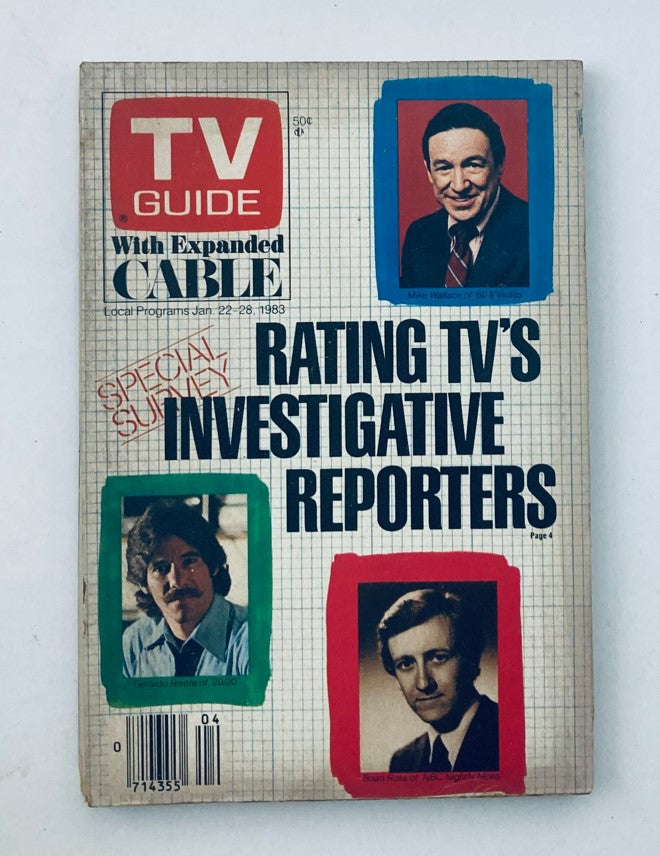 Cover of TV Guide Magazine from January 22, 1983, featuring the title 'Rating TV's Investigative Reporters'. The magazine showcases images of prominent reporters including a special section on cable programming. Ideal for collectors of vintage magazines and television history.