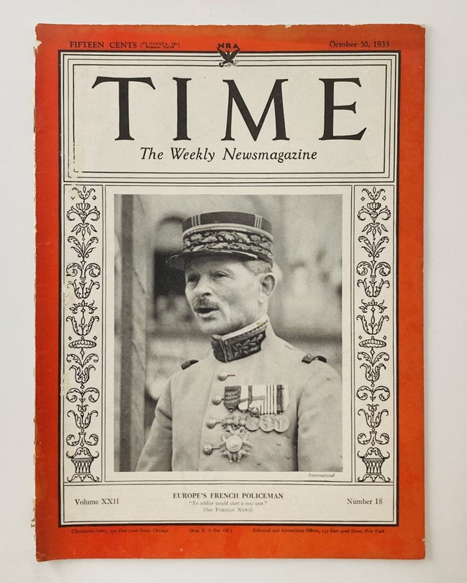 VTG Time Magazine October 30 1933 Vol 22 No. 18 French Policeman Maxim Weygand