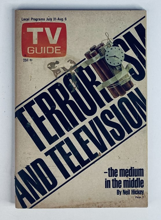 TV Guide Magazine July 31 1976 issue #1218 featuring the cover titled 'Terrorism and Television' with a visual of dynamite and a clock, highlighting media's role in societal issues.