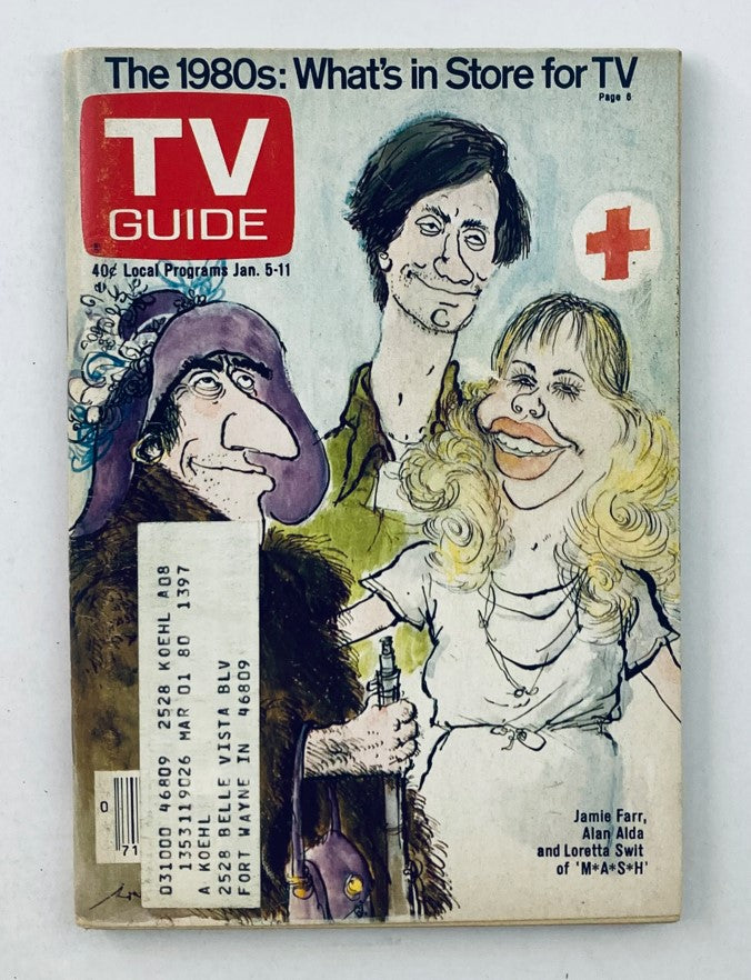 Cover of TV Guide Magazine from January 5, 1980, featuring caricatures of Jamie Farr and Alan Alda, showcasing the theme 'The 1980s: What's in Store for TV'.