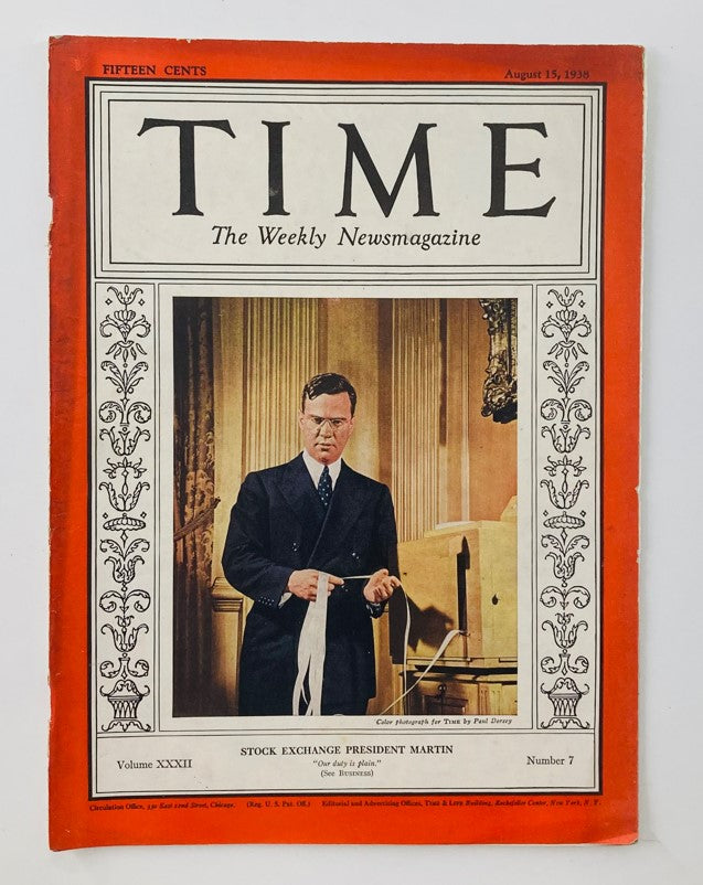 VTG Time Magazine August 15 1938 Vol 32 No. 7 William McChesney Martin Jr.