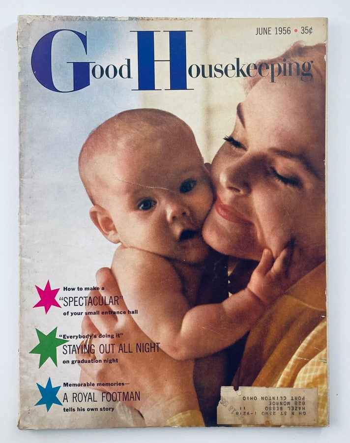 Cover of VTG Good Housekeeping Magazine June 1956 featuring a mother holding a baby, highlighting articles including 'A Royal Footman Tells His Own Story'.