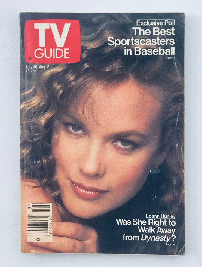 TV Guide Magazine cover from July 30, 1988 featuring Leann Hunley, highlighting the exclusive poll on the best sportscasters in baseball.