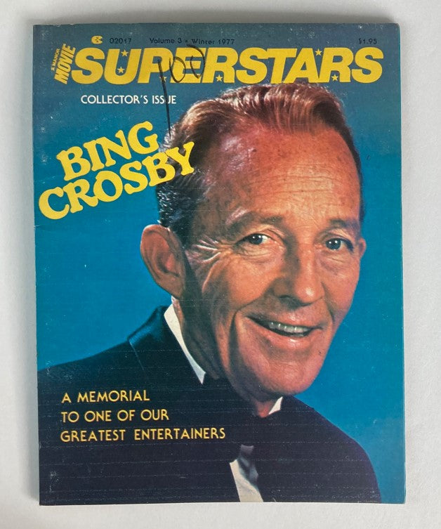 VTG Movie Superstars Magazine Winter 1977 Cover featuring Bing Crosby, showcasing the actor's charming smile and the magazine's vibrant design.