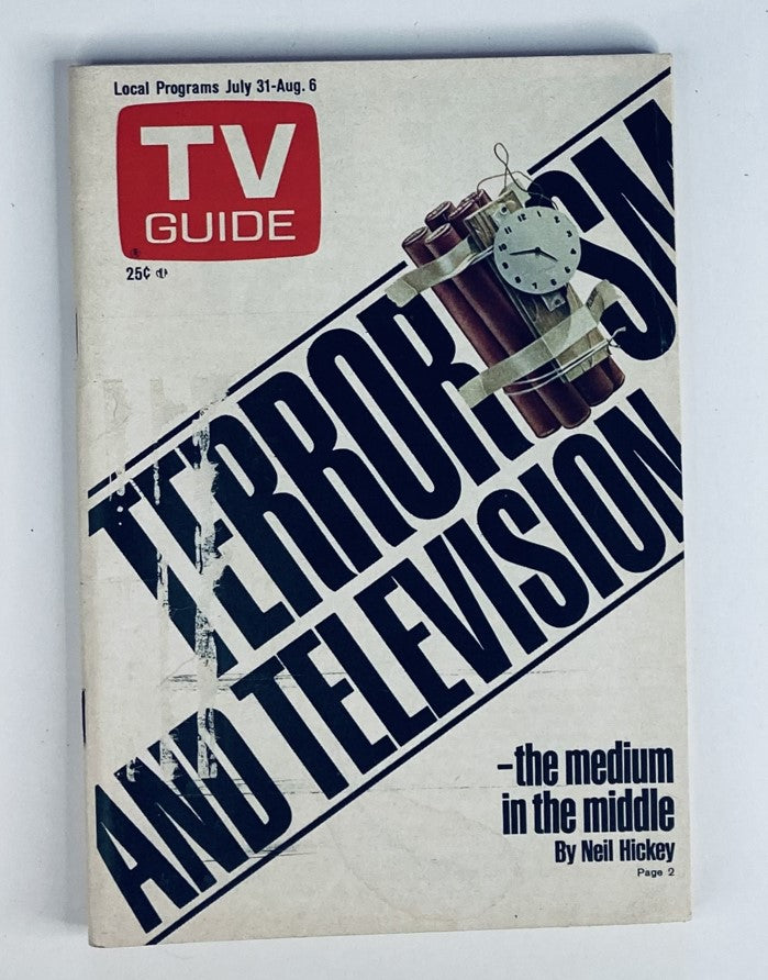 Cover of TV Guide Magazine July 31 1976 issue #1218 featuring the bold title 'Terrorism and Television' with imagery relating to the theme, exemplifying the socio-political climate of the mid-1970s.