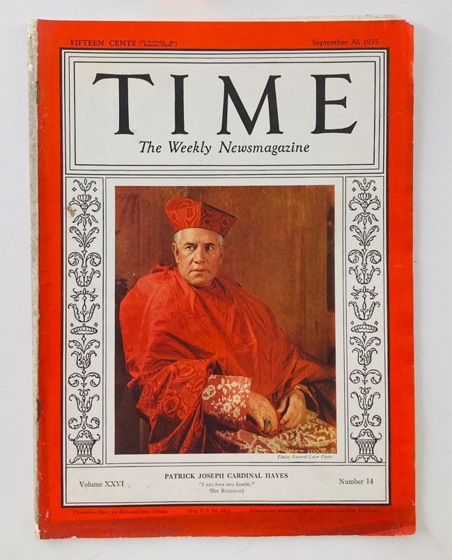 VTG Time Magazine September 30 1935 Vol 26 No. 14 Patrick Joseph Cardinal Hayes