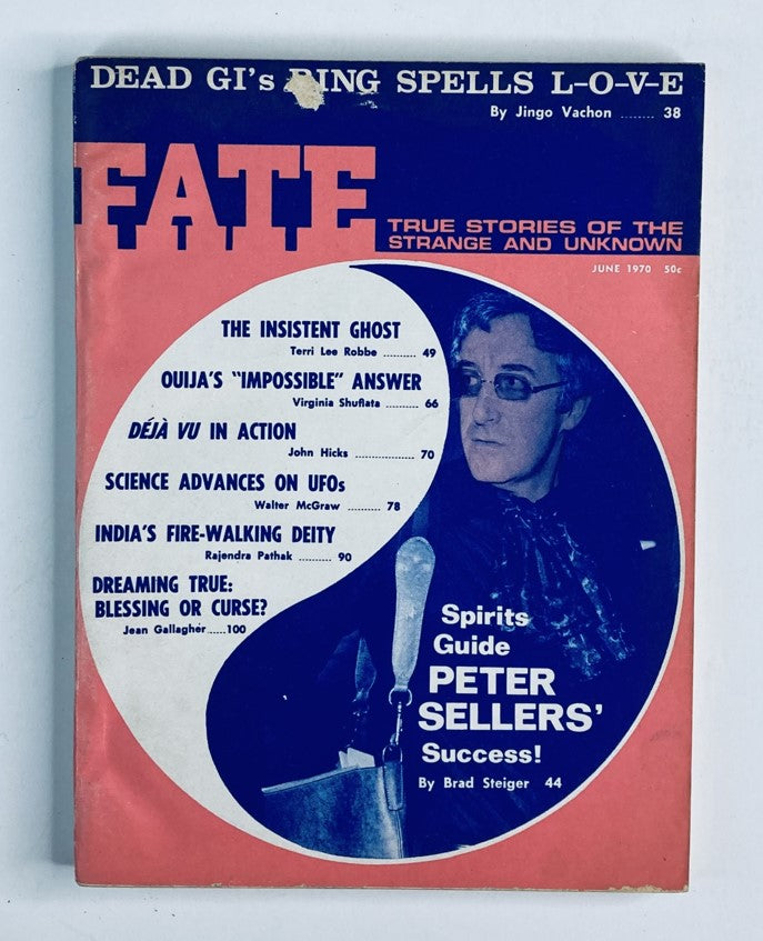 Cover of VTG Fate Magazine June 1970 Vol 23 No. 6 featuring an article on Peter Sellers' Success, showcasing the title in bold with various articles listed, including topics on the supernatural, UFOs, and more.