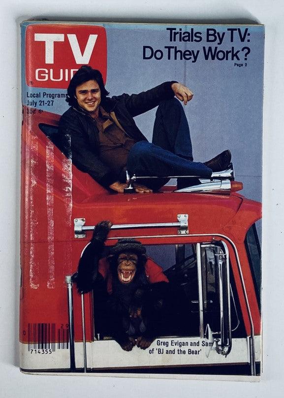 Cover of TV Guide Magazine from July 21, 1979, issue #1373 featuring Greg Evigan and Sam, the character from 'BJ and the Bear', posing on a truck with colorful graphics.