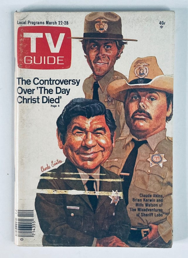 TV Guide Magazine March 22, 1980, Issue #1408 featuring Claude Akins, Brian Kerwin, and Mills Watson, highlighting 'The Misadventures of Sheriff Lobo' cover art.