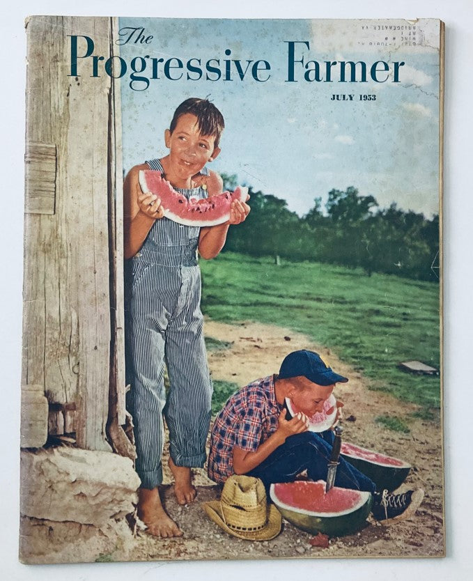 Cover of VTG The Progressive Farmer Magazine July 1953 featuring two children enjoying watermelon in a rural setting.