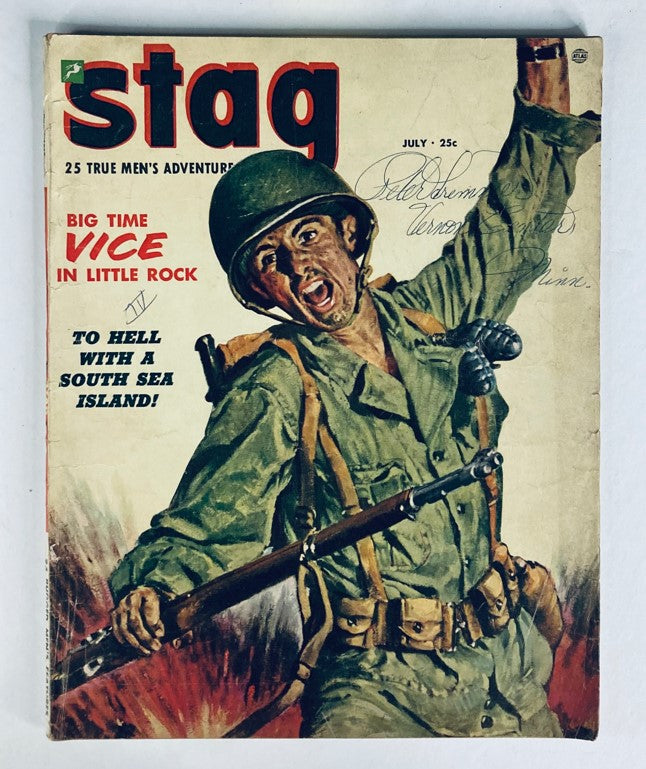 Cover of VTG Stag Magazine July 1953, Vol 4 No. 7, featuring a dramatic soldier's illustration with the headline 'Big Time Vice in Little Rock' and additional text 'To Hell With a South Sea Island', showcasing vintage pop culture.
