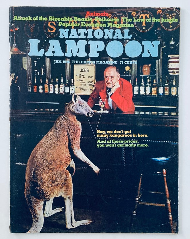 Vintage National Lampoon Magazine January 1974 cover featuring a humorous scene in a bar with a kangaroo and a bartender. Collectible edition showcasing the theme 'The Law of the Jungle.'