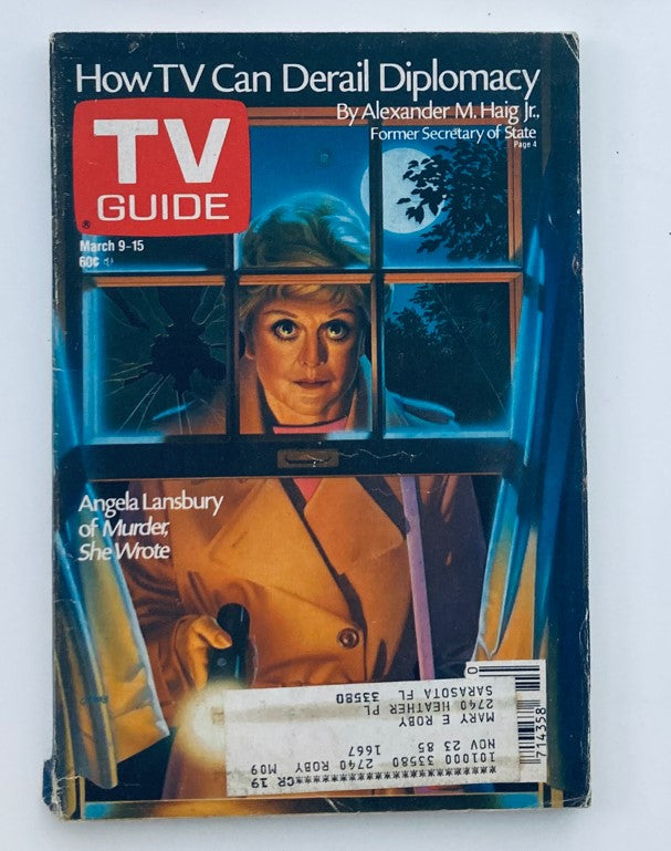 Cover of TV Guide Magazine March 9 1985 featuring Angela Lansbury from Murder, She Wrote. The cover highlights the theme 'How TV Can Derail Diplomacy' with a dramatic illustration.