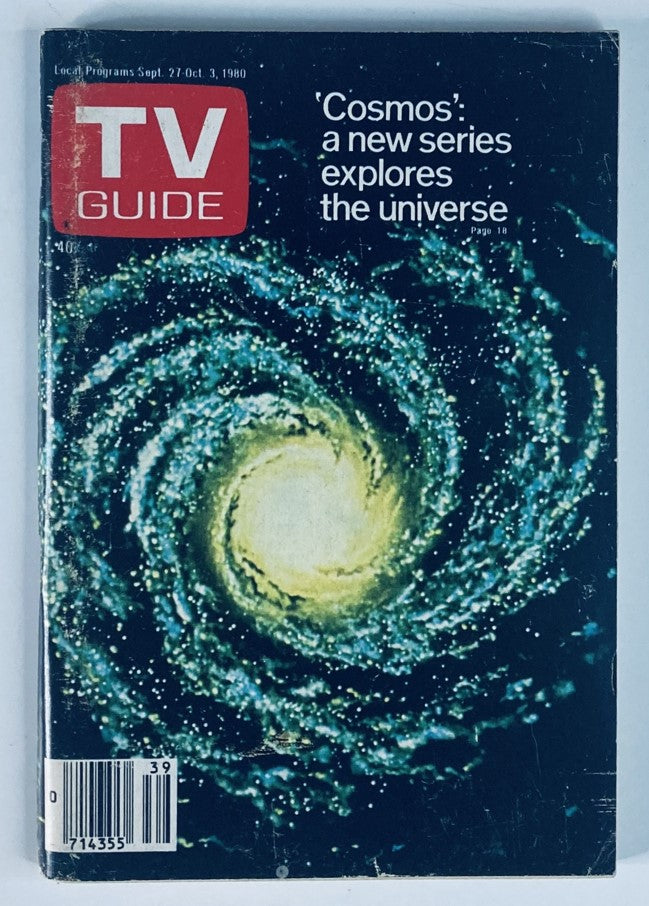 Cover of TV Guide Magazine September 27, 1980, issue #1435 featuring 'Cosmos: A New Series' with an artistic representation of a galaxy, highlighting the theme of exploring the universe.