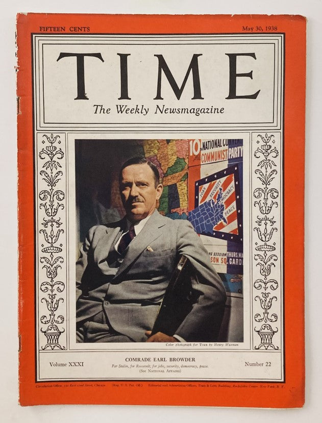 VTG Time Magazine May 30 1938 Vol 31 No. 22 Comrade Earl Browder