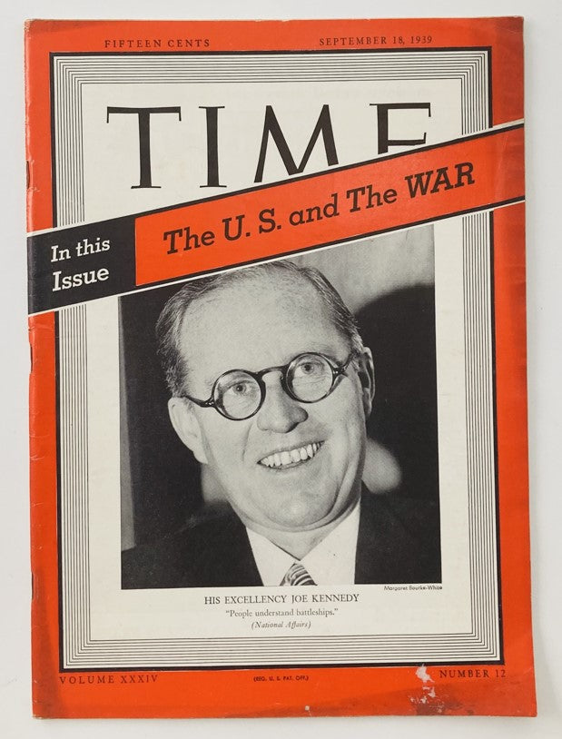 VTG Time Magazine September 18 1939 Vol 34 No. 12 His Excellency Joe Kennedy