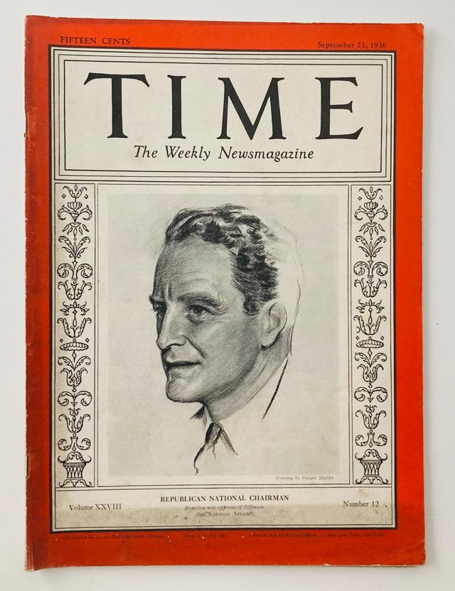 VTG Time Magazine September 21 1936 Vol 28 No. 12 Republican John D. M. Hamilton