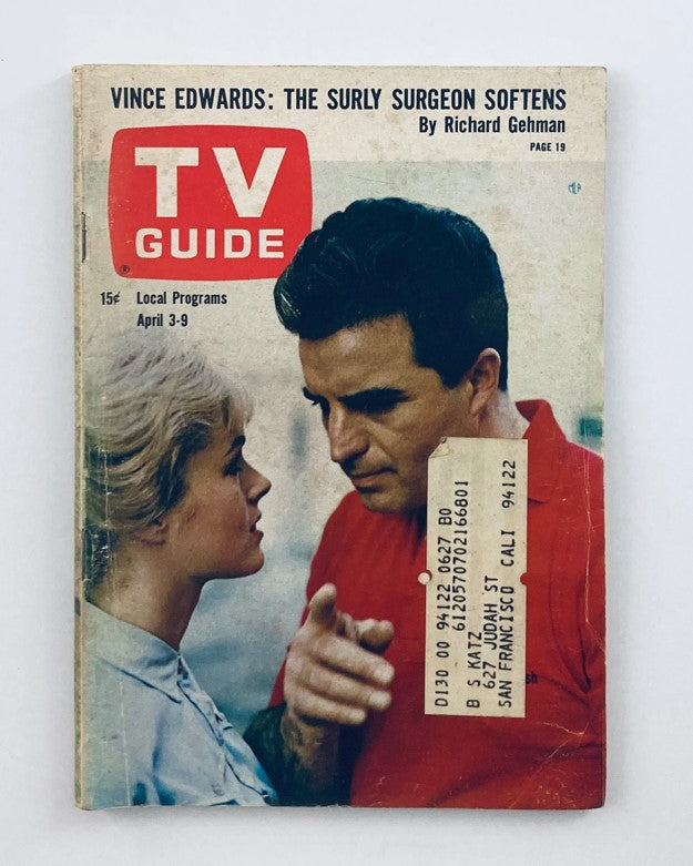 TV Guide Magazine April 3 1965 #627 Kathy Kersh, Vince Edwards NC Ed.