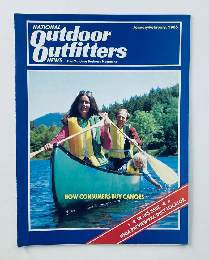 Cover of National Outdoor Outfitters News January/February 1985 titled 'How Consumers Buy Canoes', featuring three individuals in a canoe wearing life jackets against a scenic outdoor backdrop.