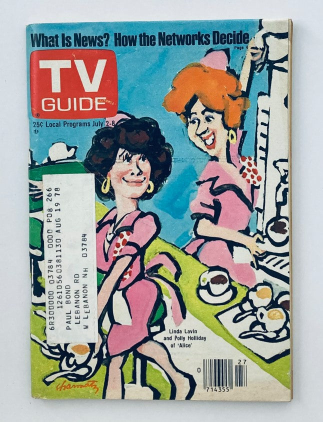 TV Guide Magazine from July 2, 1977 featuring Linda Lavin and Polly Holliday in a colorful illustration, showcasing local programs and advertisements.