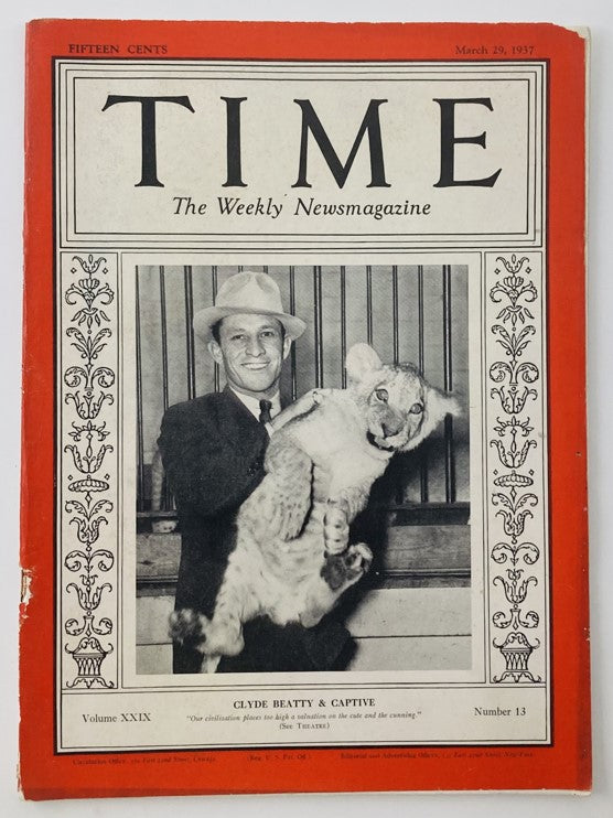 VTG Time Magazine March 29 1937 Vol 29 No. 13 Clyde Beatty and Captive