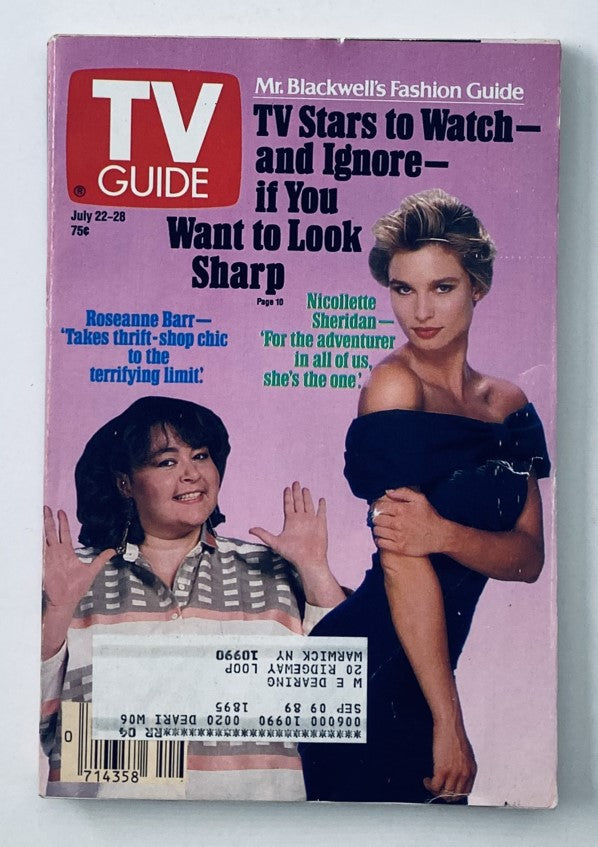 TV Guide Magazine July 22 1989 featuring Roseanne Barr and Nicolette Sheridan on the cover, highlighting TV stars and fashion trends of the late 80s.