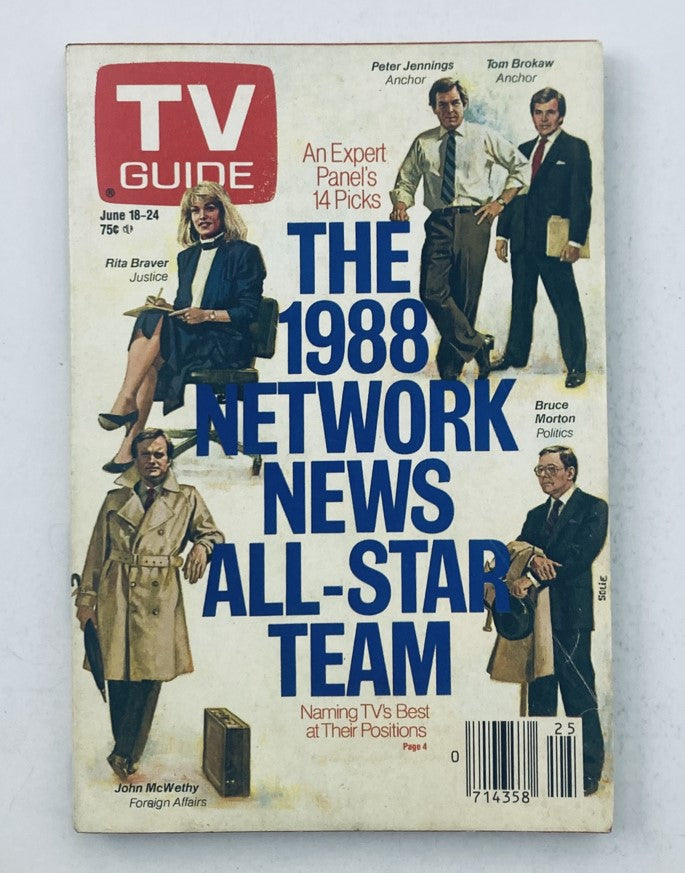 TV Guide Magazine cover from June 18, 1988 featuring Tom Brokaw, Rita Braver, and other notable news anchors, highlighting 'The 1988 Network News All-Star Team.' The magazine includes an expert panel's picks and is in pristine condition, perfect for collectors.